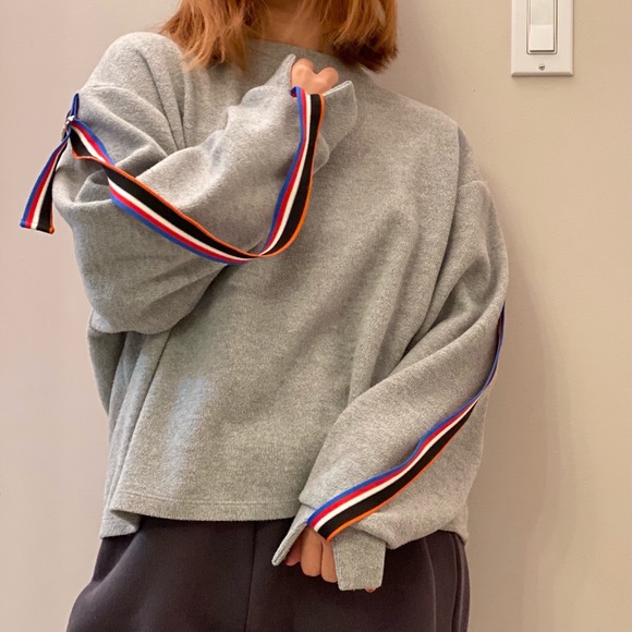 ZARA | Grey Cotton-Blend Crewneck Sweater with Striped Belts attached to Sleeves - Picture 1 of 8